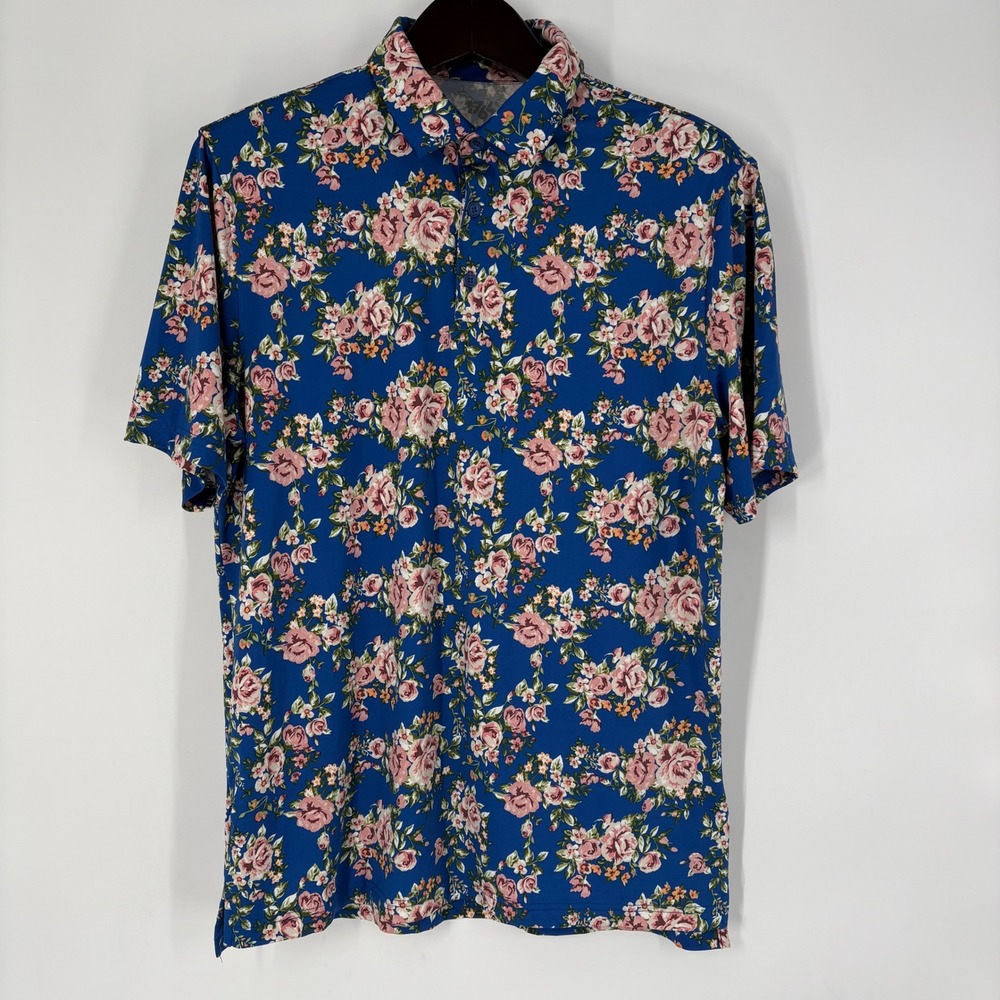 1764 Mens Blue Floral Rose Print Short Sleeve‎ Polo Golf Shirt Size L Athleisure